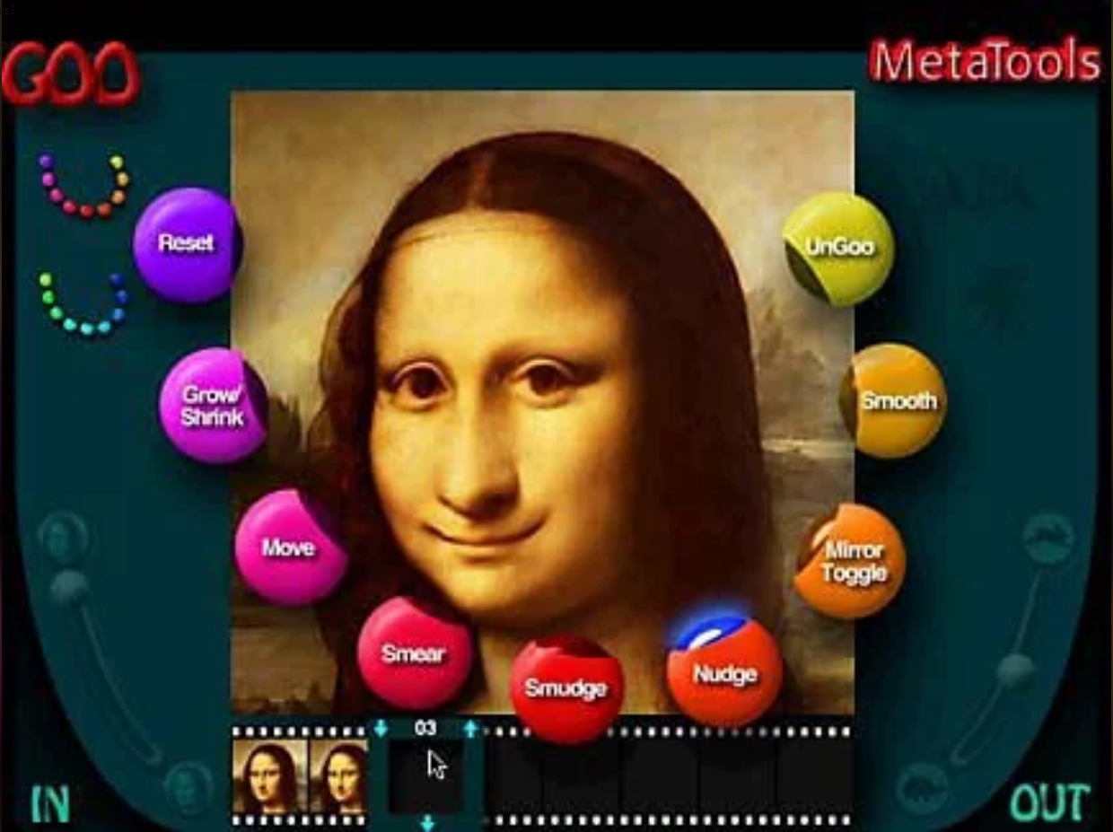 A screenshot of Kai's Power Goo, showing the Mona Lisa with a distorted, goofy face, like someone has smeared her features with a fingertip.